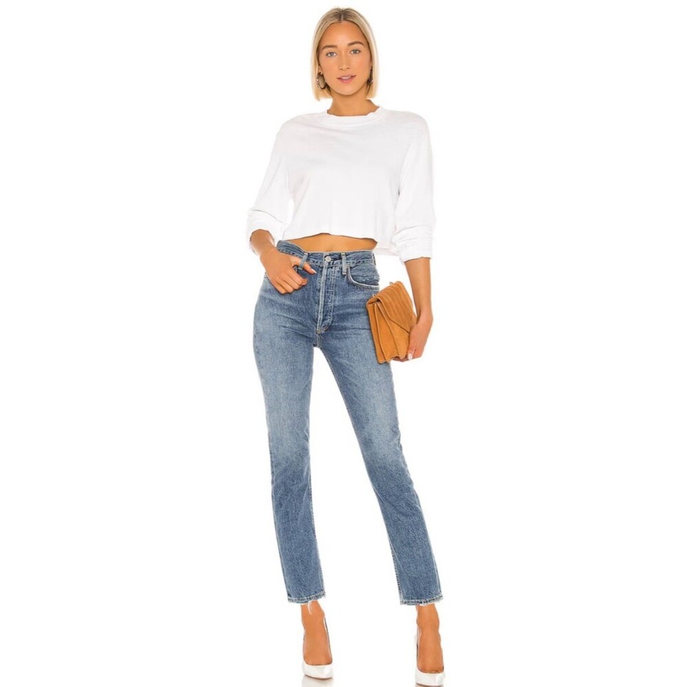 Agolde Riley High Rise Straight Crop Jeans in Frequency Raw Hem Size 26